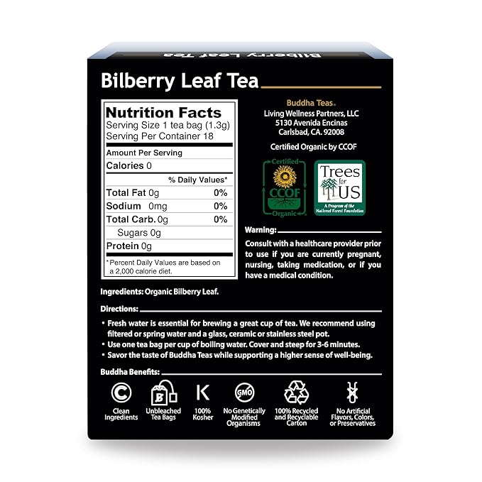 Buddha Teas Organic Bilberry Leaf Tea - OU Kosher, USDA Organic, CCOF, 18 Bleach-Free Tea Bags