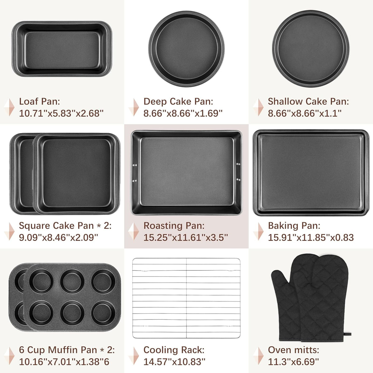 12PCS Nonstick Baking Pans Set - Stackable Bakeware Sets with Wider Grip, Carbon Steel Baking Set Including Cookie Sheets for Baking, Muffin Pan, Loaf Pan, Cake pan, Roasting Pan, Oven Mitts