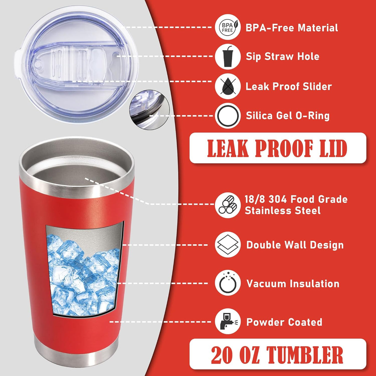 20 oz Tumbler Coffee Tavel Tumblers Bulk with Lid Stainless Steel Double Wall Vacuum Insulated Mug Powder Coated Cups fit Car Cupholder for Hot and Cold - Red, 1Pack