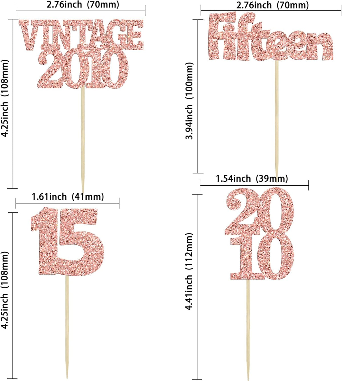 Gyufise 24Pcs 15th Birthday Cupcake Toppers Glitter Fifteen Vintage 2010 Hello 15 Years Birthday Cupcake Picks Sweet 15 Cake Decorations for Happy 15th Anniversary Party Supplies Rose Gold