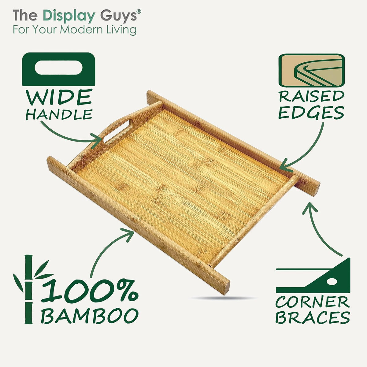 Natural Bamboo Serving Tray w/Handles (Small) - Decorative Platter for Food, Breakfast, Wooden Coffee Table, Ottoman, Couch, Picnic by The Display Guys