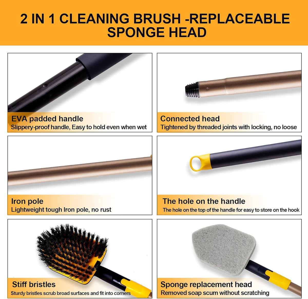 Yocada Tub Tile Scrubber Brush 2 in 1 Cleaning Brush 58.2 Inch Adjustable Telescopic Pole Stiff Bristles Scouring Pads for Cleaning Bathroom Kitchen Toilet Wall Tub Tile Sink Non Scratch