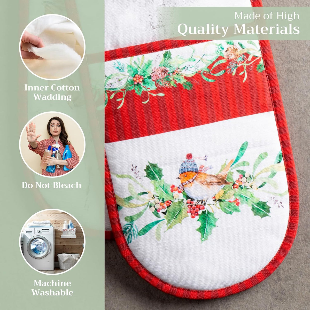 Maison d' Hermine Double Oven Mitts 100% Cotton 7"x35" Double Oven Mitt Heat Resistant BBQ Cooking Gloves with Loop, Baking, Grilling, Home, Kitchen, Handling Hot Pans (Christmas Tradition)