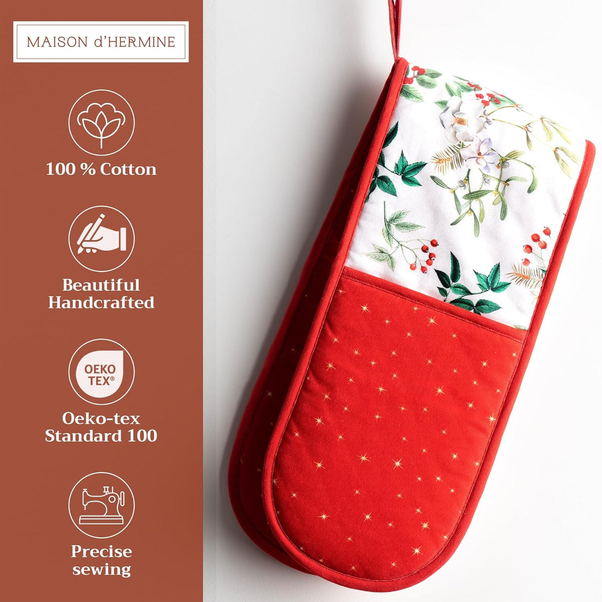 Maison d' Hermine Double Oven Mitts 100% Cotton 7"x35" Double Oven Mitt Heat Resistant BBQ Cooking Gloves with Loop, Baking, Grilling, Home, Kitchen, Handling Hot Pans (Noel)