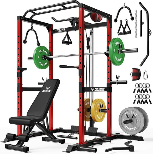S21 Power Cage, Multi-Function Power Rack with Adjustable Cable Crossover System, 2000LBS Squat Rack for Home Gym with More Training Attachments