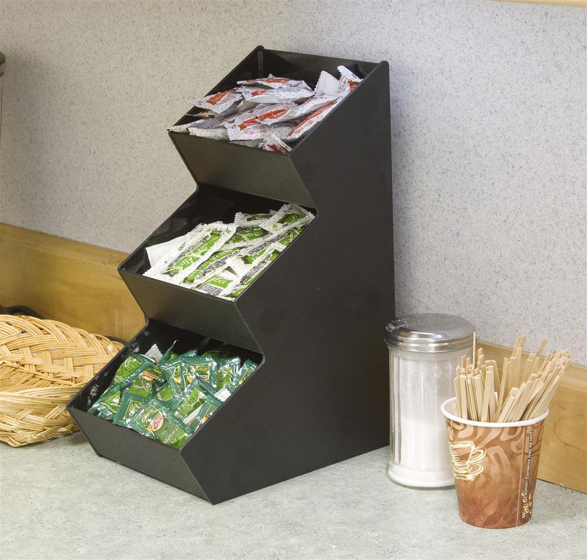 Displays2go Countertop Organizer with 3 Pockets for Condiments 3-Tiered, Space Saving Design with Open Pockets, Easy to Clean Black Acrylic