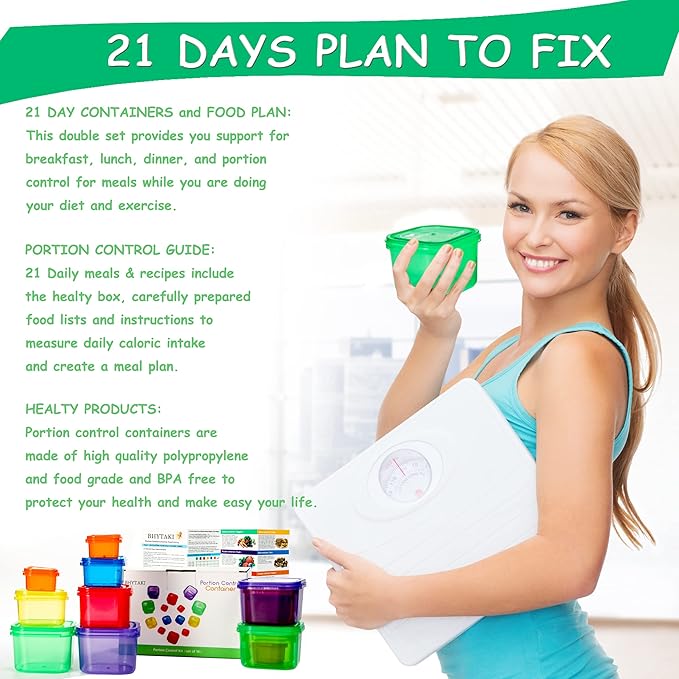 BHYTAKI Portion Control Containers, Double Set (14 Pieces) 21 Day for Weight Loss with Tally Chart and Food Plan