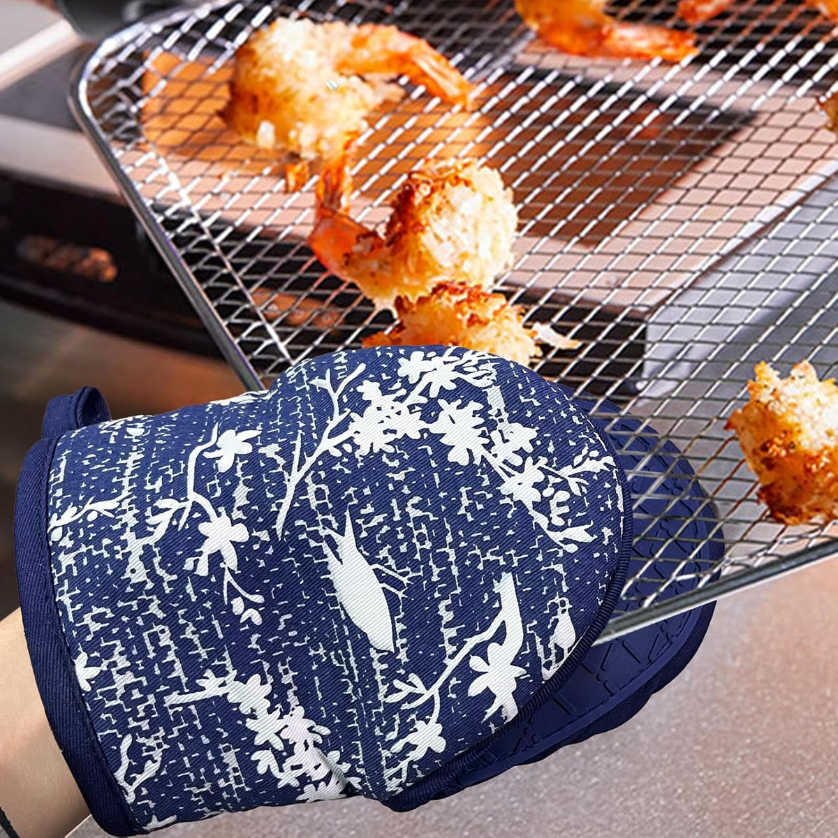 Mini Silicone Oven Mitts, Heat and Slip Resistant Kitchen Gloves 2-Pack Set, Birds Flower Soft Short Oven Mittens, Flexible Thick Pot Holders for Safe Cooking Baking and Grilling (Navy)