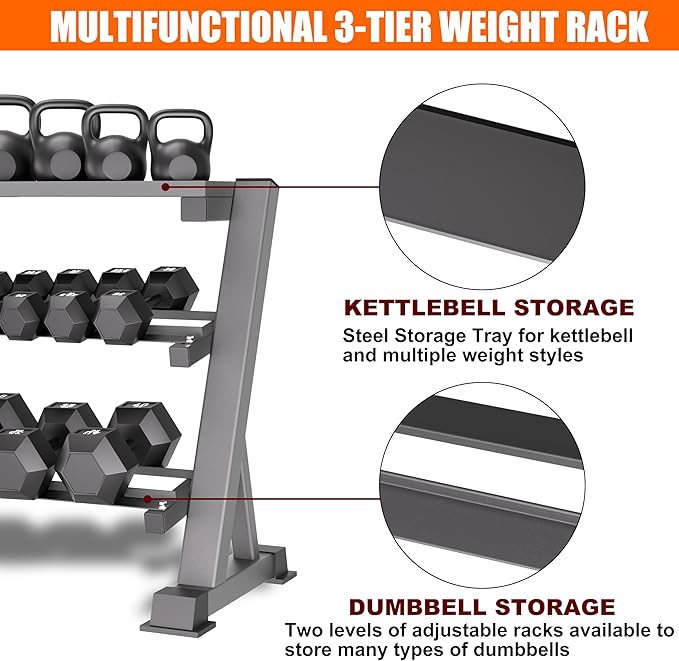 3 Tier Dumbbell Rack, 1200LBS Capacity Weight Rack for Home Gym Dumbbells & Kettlebell, Heavy-Duty Multilevel Free Weight Holder Storage Organizer, Dumbell Rack Stand Only