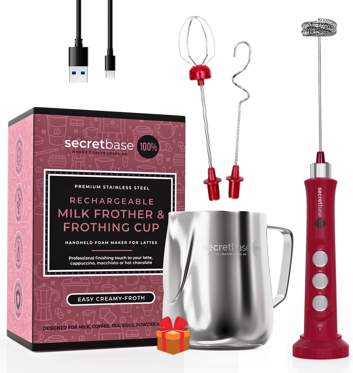 Secretbase Rechargeable Milk Frother Mixer, Pitcher and Charging Base - 3 Speed Handheld Foam Maker for Barista Style Coffee, Bulletproof Coffee, Keto Coffee and Matcha Latte