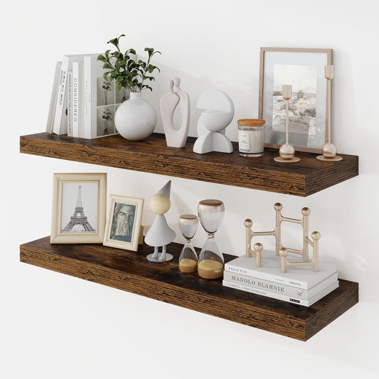 30 Inch Floating Shelves, 9.3" Deep Floating Shelf Wall Mounted, 30" Wall Shelves, Rustic Deep Bookshelf, Large Display Shelves & Storage Shelves for Bedroom, Living Room, Brown, Set of 2
