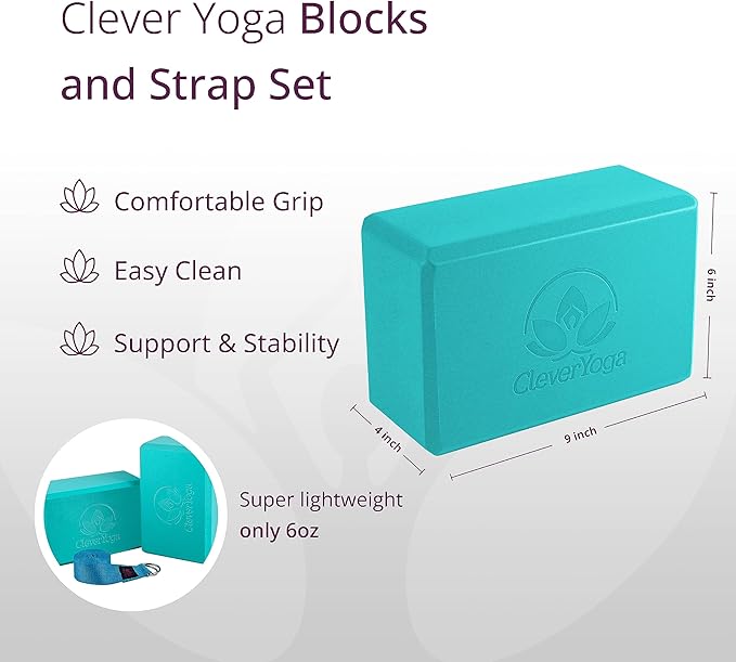 Clever Yoga Blocks 2 Pack with Strap - Extra Light Weight Sweat Repelling Foam Yoga Block Set with Cotton 8ft Yoga Stretch Strap - Yoga Block and Strap Set Kit for Beginner to Pro - Exercise