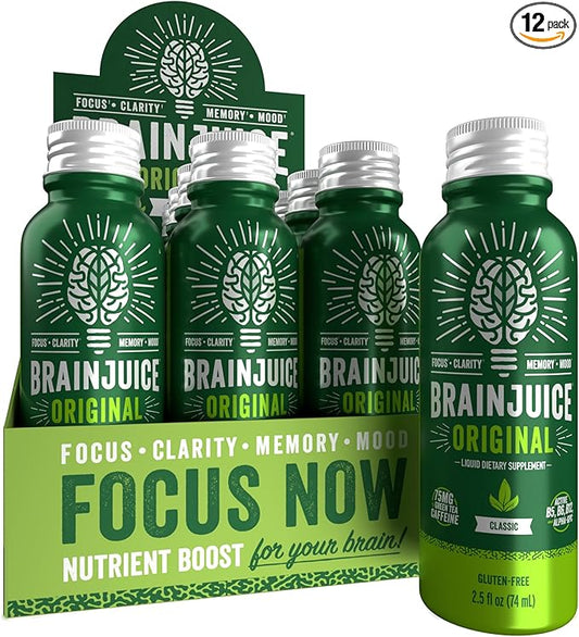 BrainJuice Focus & Energy Drink Shots, Nootropics with Alpha GPC, B Vitamins & Organic Green Tea Caffeine, Supports Focus, Memory & Clarity, Non-GMO, Gluten Free, Classic, 2.5 fl oz, 12 Pack