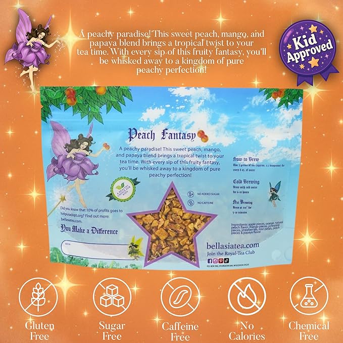 Bellasia Tea Peach Fantasy for Kids Using Real Fruit Pieces - Caffeine Free Herbal Tea Blend with Real Ingredients & Balanced Flavor- Add Loose Leaf Tea to Your Child’s Routine for A Fun & Tasty Drink. 20-25 Cups