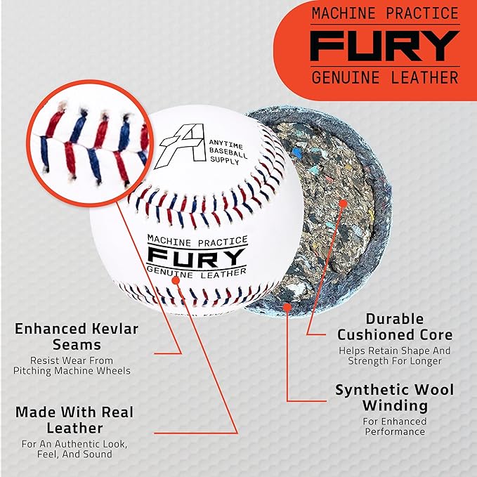 Anytime Baseball Fury Leather Pitching Machine Baseballs - 1 Dozen Flat Seam Pitching Machine Balls