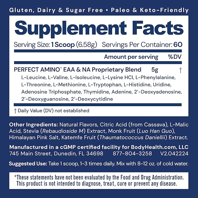 BodyHealth PerfectAmino Powder - BCAA and EAA Powder for Pre and Post Workout - Amino Acid Energy Drink for Men and Women to Support Lean Muscle and Recovery - Mixed Berry - 60 Servings