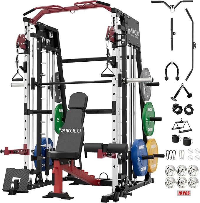 Mikolo Smith Machine, 2200lbs Squat Rack with LAT-Pull Down System & Cable Crossover Machine, Training Equipment with Leg Hold-Down Attachment