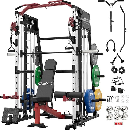 Mikolo Smith Machine, 2200lbs Squat Rack with LAT-Pull Down System & Cable Crossover Machine, Training Equipment with Leg Hold-Down Attachment