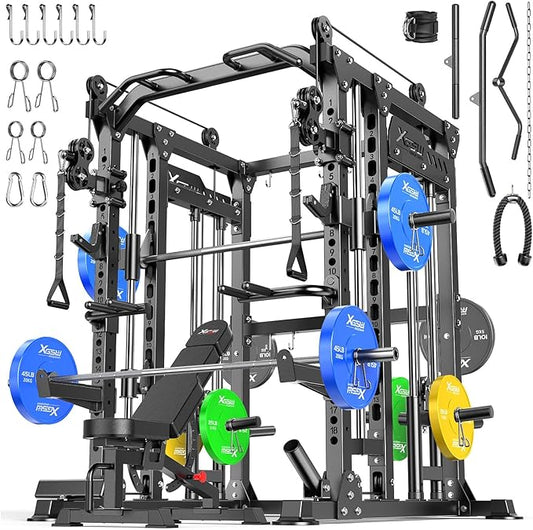 Smith Machine with Cable Crossover System, Multi-Function Power Cage Squat Rack for Home Gym, Power Rack and Packages Weight Sets.