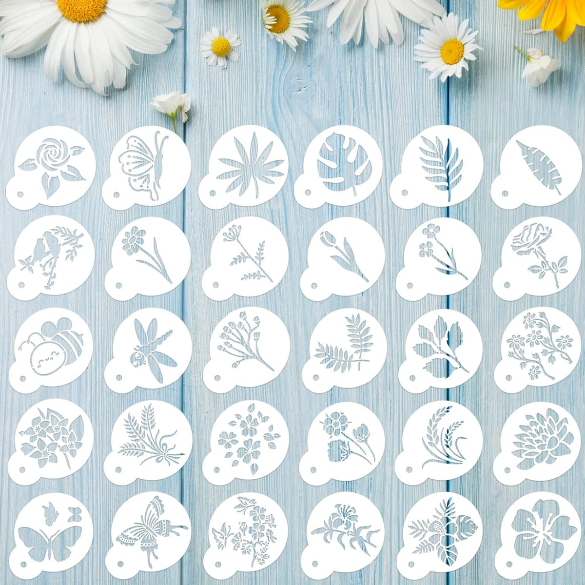 Marspark 30 Pieces Coffee Stencil Cookie Cake Stencils Latte Art Reusable Plastic DIY Bake Stencils Leaves Butterfly Flowers Bird for Coffee Cookie Drawing