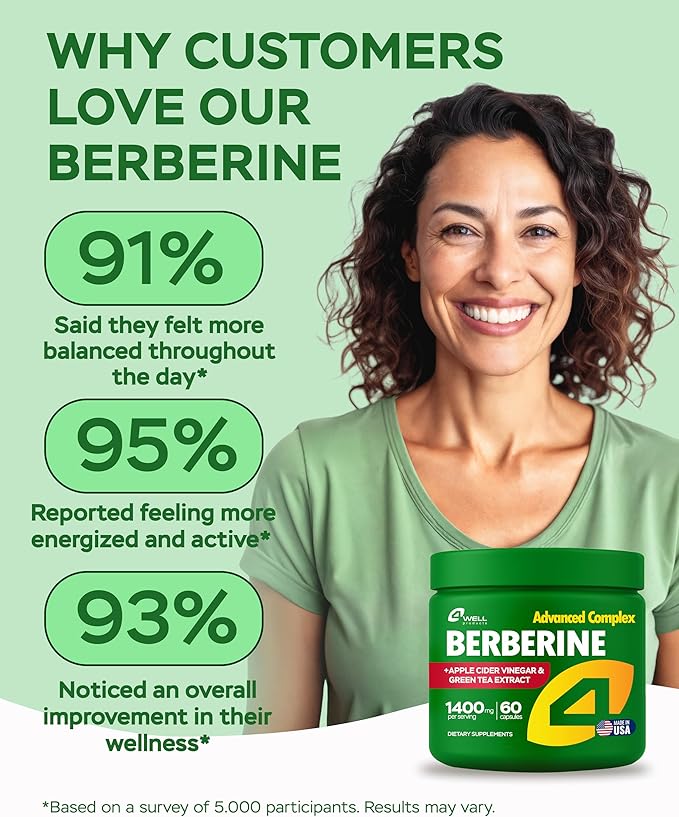 Berberine HCL Supplement - Triple Strength GLP-1 Activator with Apple Cider Vinegar & Green Tea Extract - Body Composition Support, Digestive Health, Support Heart Health, Immune System (60 Capsules)
