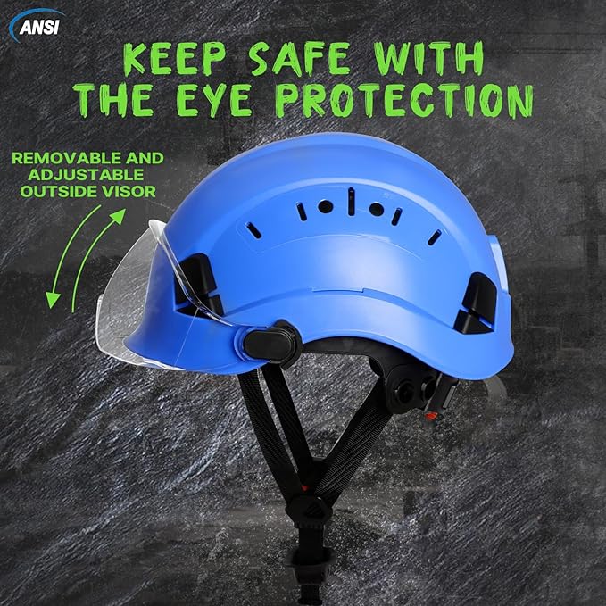 AOLAMEGS Construction Blue Hard Hats - Adjustable Vented Hard Hat with Visor for Men Women ABS Safety Helmet 6-Point Suspension Work Safety Helmet for Outdoor Height Industrial (with Clear Visor)