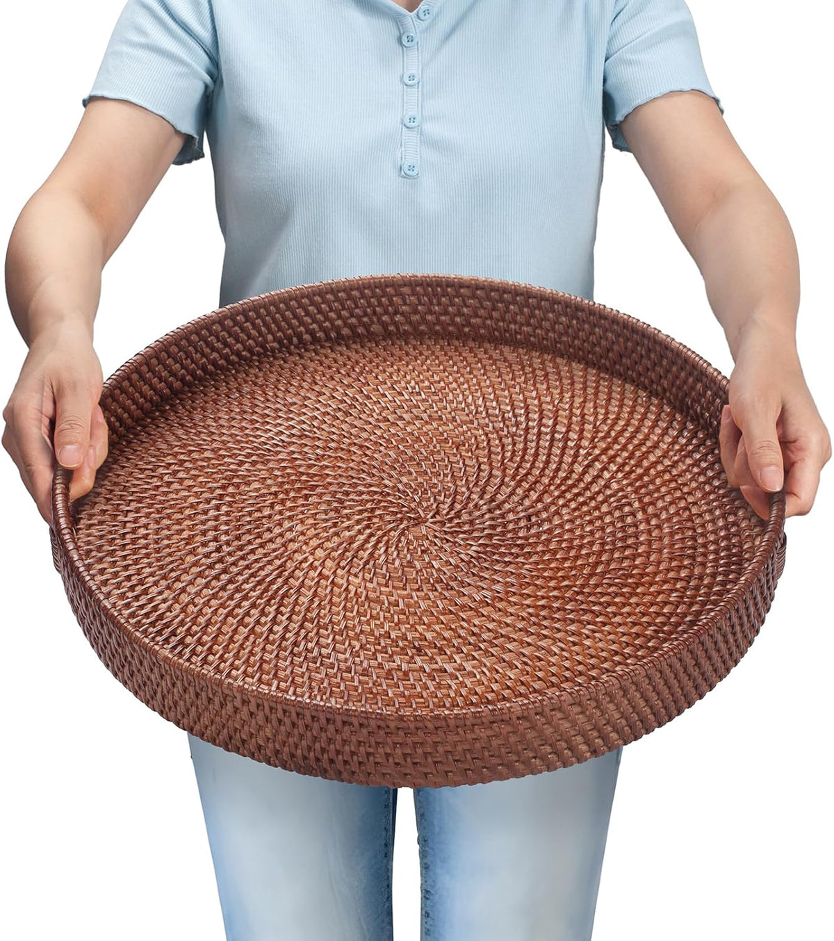 16.9 inch Round Rattan Tray, Woven Large Serving Tray with Handles, Wicker Serving Basket, Coffee Table Decor for Living Room, Reddish-Brown