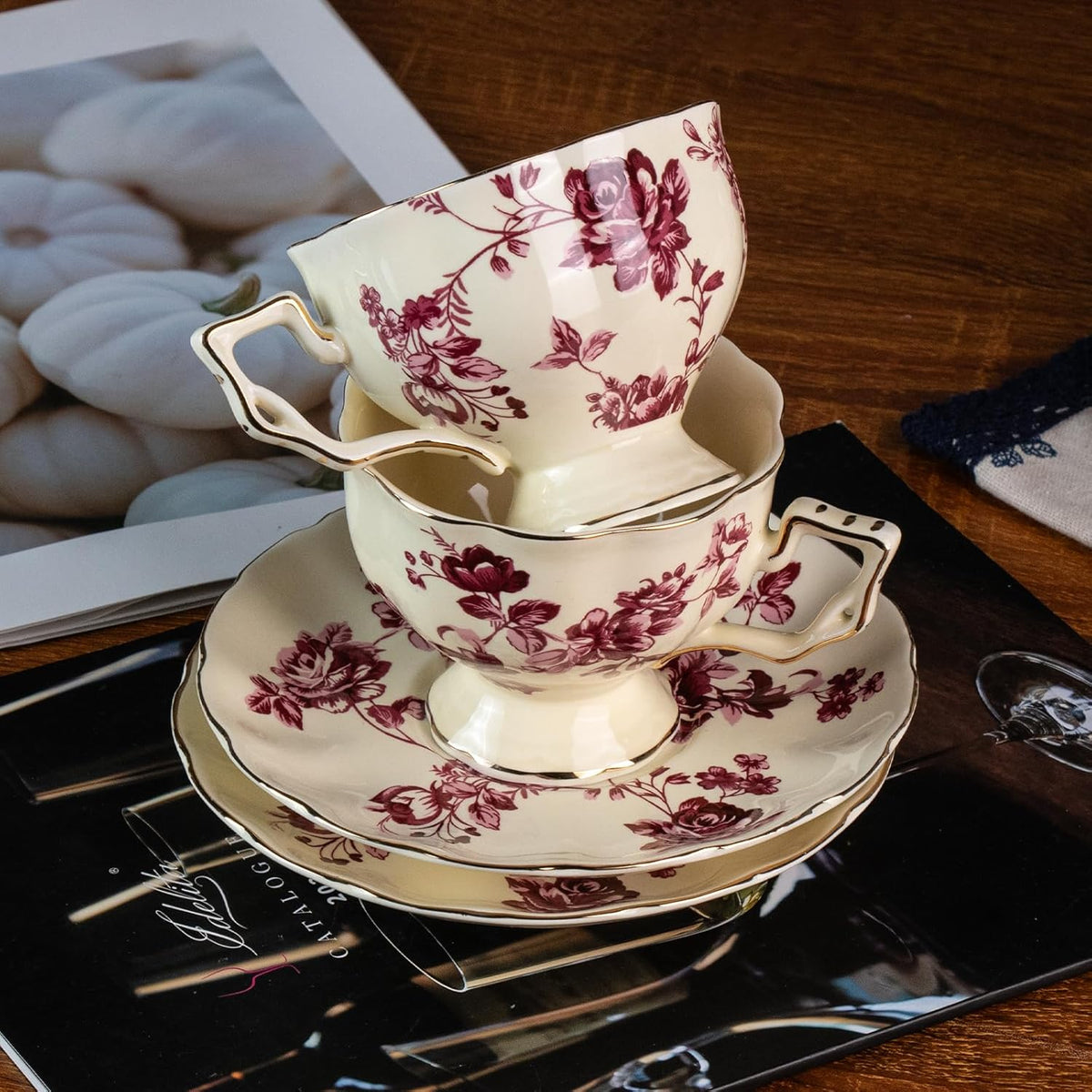 KAMMAK Tea Cups and Saucers Set of 2, Porcelain Coffee Cups, 6.8-Ounce Stackable Espresso Mugs, Ceramic Demitasse for Coffee, Latte, Americano, Tea, Red Orchid
