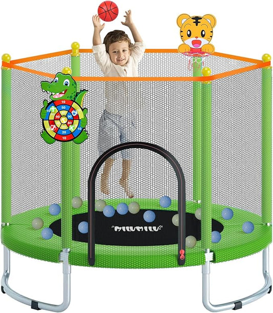60" Indoor Outdoor Trampoline for Kids,MILUMILU Mini Baby Trampoline with Safety Enclosure Net, Basketball Hoop, Jumping Mat - Birthday Gifts for Children Boy Girl.