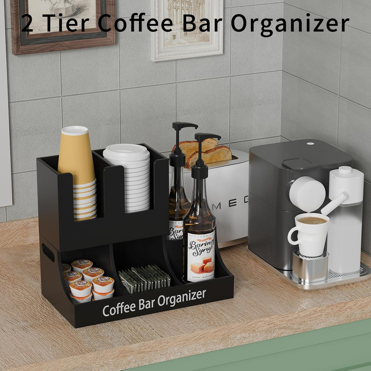 Coffee Station Organizer, Wooden Coffee Bar Organizer for Countertop, Condiment and Cup Storage Organizer, Bar Accessories for Kitchen, Office, Home, Small Black