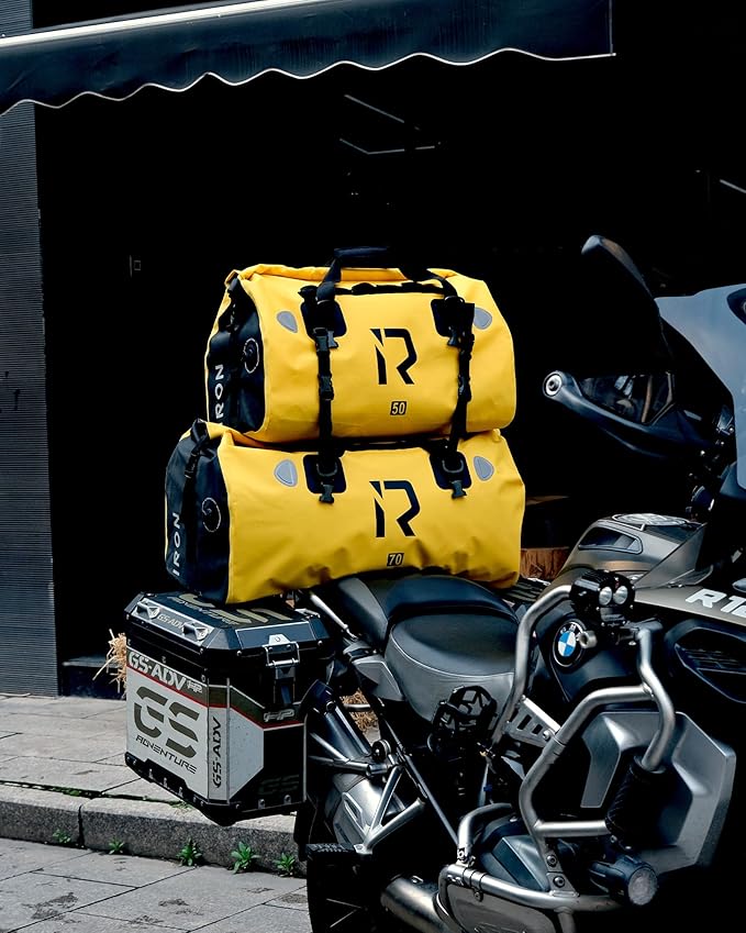 BORLENI Waterproof Motorcycle Dry Duffel Bag Luggage Tail Bag with Large Storage Space,Roll Top Closure, Shoulder Straps, Inner Pocket and Mesh Pocket for Motorcycling Travel Camping(Yellow,50L)