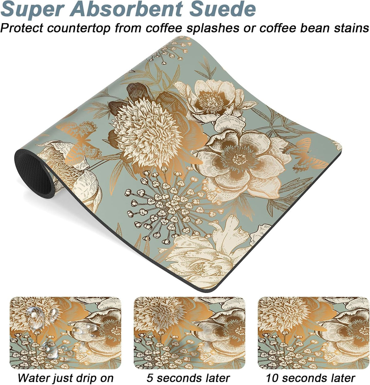Rnivvi Coffee Mat, 12" x 19" Cute Coffee Bar Mats for Espresso Machine Station Accessories and Organizer, Hide Stain Rubber Backed Absorbent Dish Drying Pad for Kitchen Counter, Retro Flower