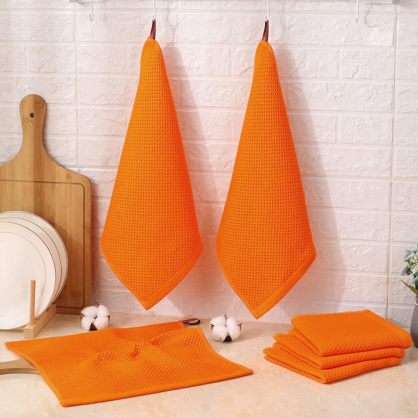 Kitinjoy 100% Cotton Kitchen Dish Cloths, 6 Pack Waffle Weave Ultra Soft Absorbent Dish Towels for Drying Dishes Quick Drying Kitchen Towels Dish Rags, 12 X 12 Inches, Orange