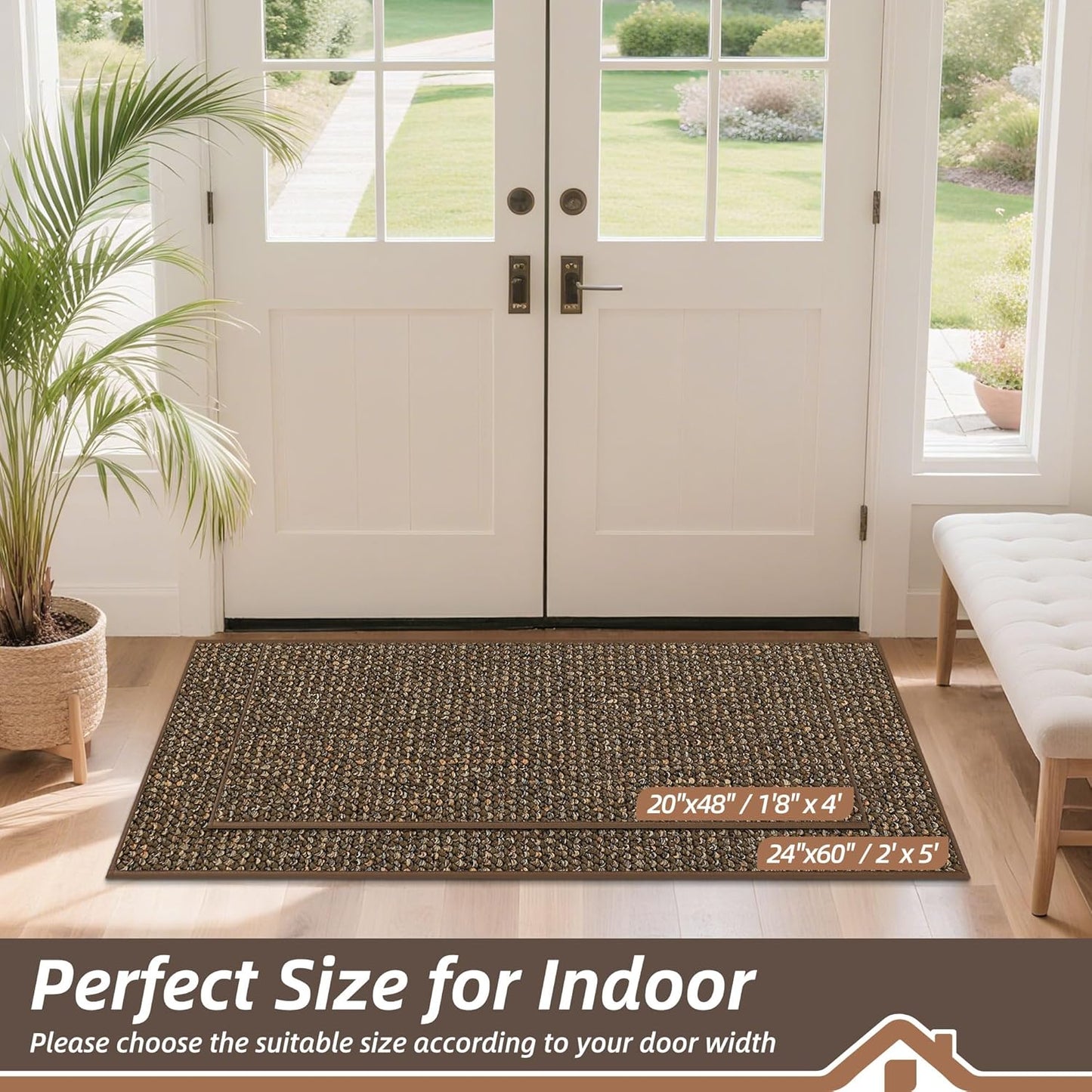 BEQHAUSE Dirt Trapper Door Mat 20" x 48", Non-Slip Washable Doormats Entrance Mat, Dirt Resistant and Absorbent Welcome Mat, Low Profile Floor Mats for Front Back Door and Entryway, Brown