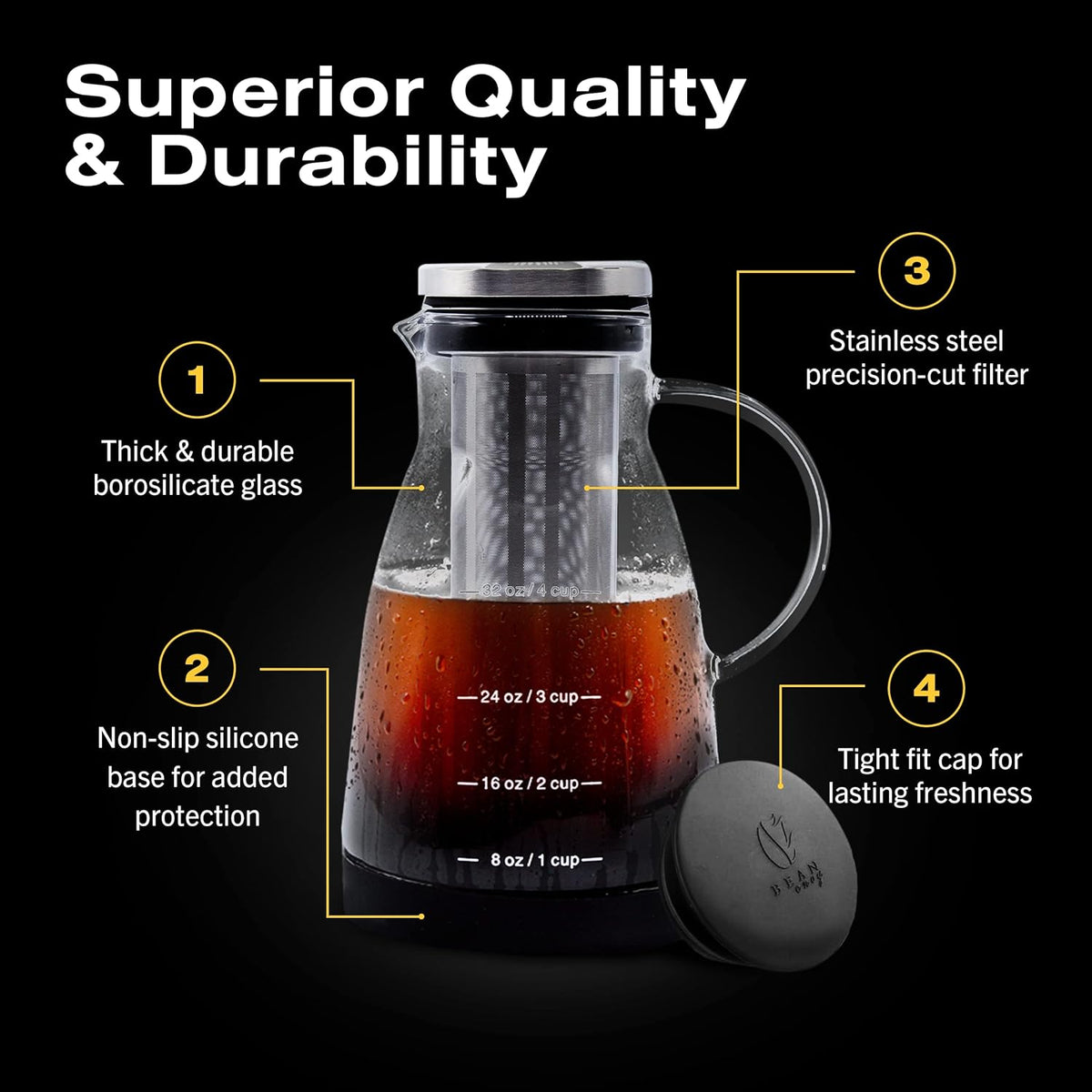 Bean Envy Cold Brew Coffee Maker - 32 oz Glass Coffee Cold Brew Maker and Pitcher w/Silicone Cap & Base