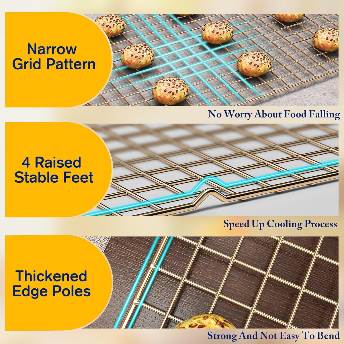 2-Pack Cooling Racks for Cooking and Baking - 10" x 15"Heavy Duty Stainless Steel Wire Rack for Baking, Grilling, Roasting - Oven & Dishwasher Safe - Fits Jelly Roll Sheet Pan（Gold）