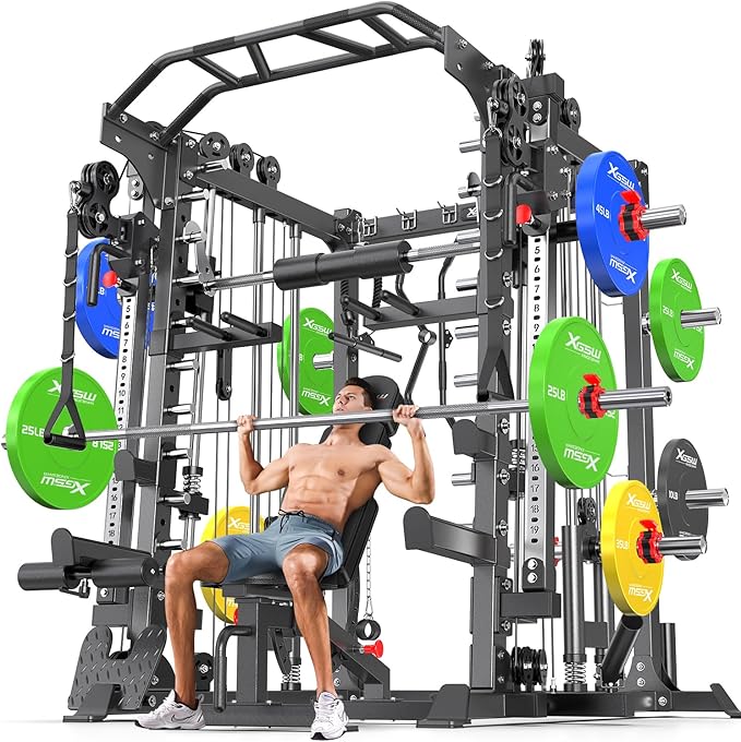 Smith Machine Power Rack Multifunctional Power Cage Deep Squat Rack Cable Crossover System Selectable More Training Attachment for Garage & Home Gym