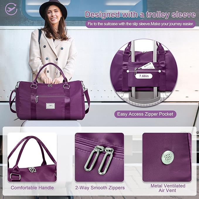 FIORETTO Womens Gym Tote Duffle Bag with Toiletry Bag, Sports Duffel Overnight Hospital Workout Carry on Bag for Girls with Wet Pocket & Shoe Compartment, Ideal for Travel, Swimming, Dance Purple