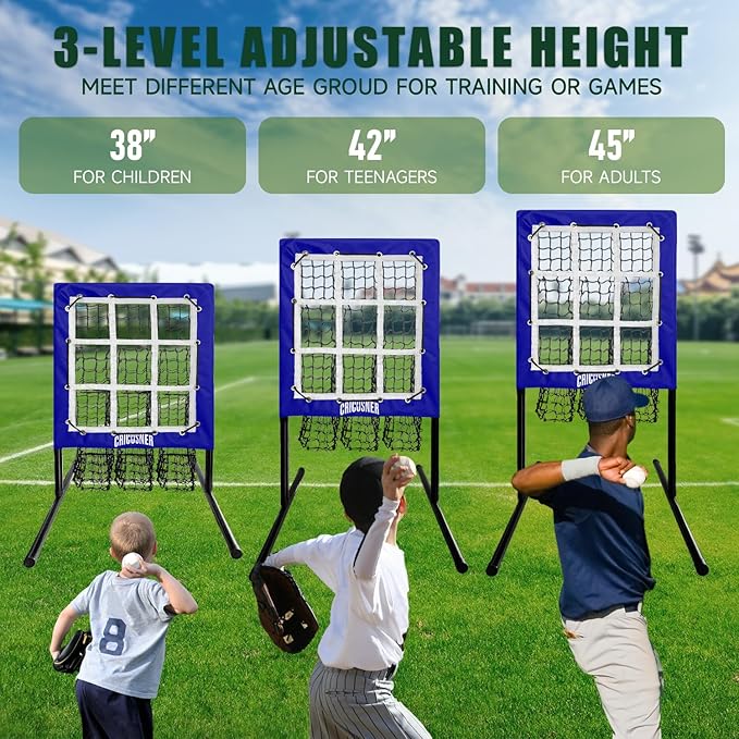 9 Hole Pitching Net, Heavy-Duty Baseball Net with Strike Zone for Pitching and Hitting, Height Adjustable Training Equipment with 9 Pocket Pitching Target for Baseball & Softball Practice