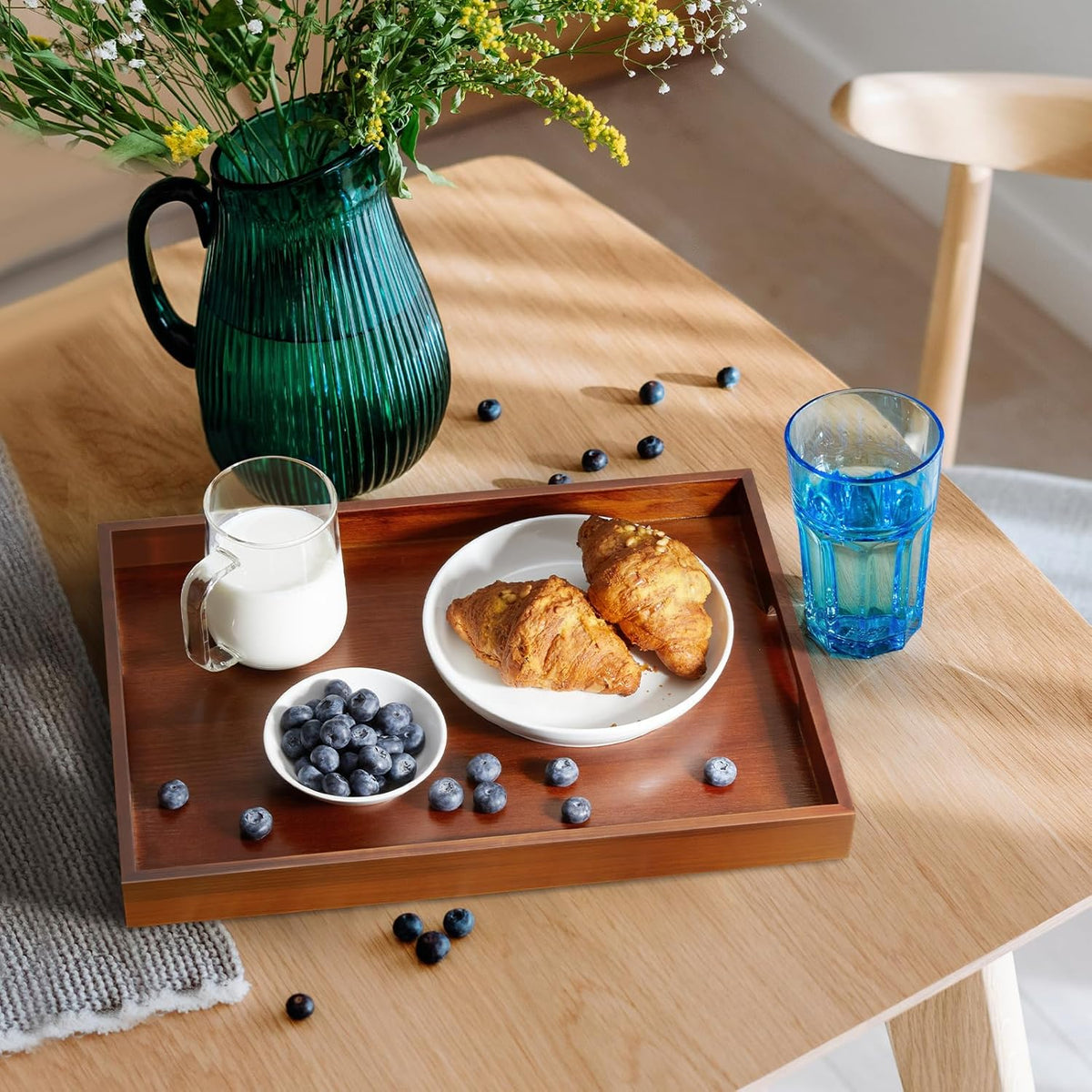17 Inch Brown Serving Tray with Handles, Large Wooden Tray for Ottoman, Breakfast in Bed, Coffee Table, Dinner, Rectangular Wood Tray for Living Room Bedroom Entryway and Kitchen