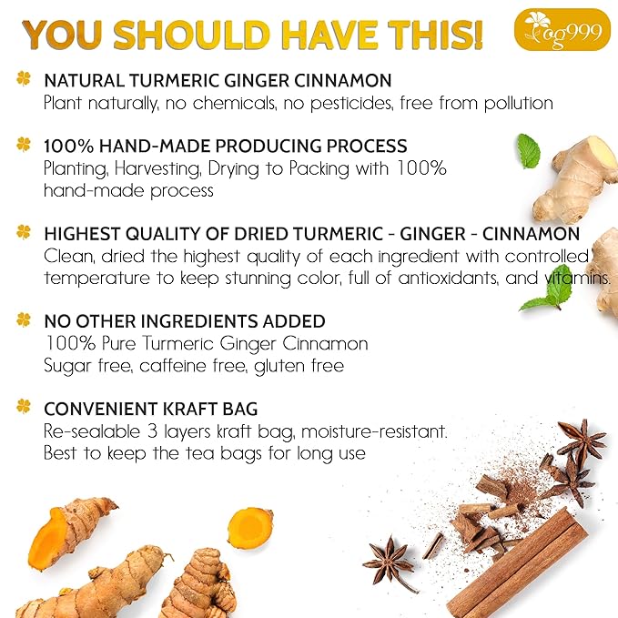 60 Bags Premium Turmeric Ginger Cinnamon Tea, Improve Digestion, Support Brain, Weight, Skin and Sleep, Eco-Conscious Tea Bags and Premium Natural Ingredients. Turmeric Ginger Herbal Tea. No Sugar, No Caffeine, No Gluten, Vegan.