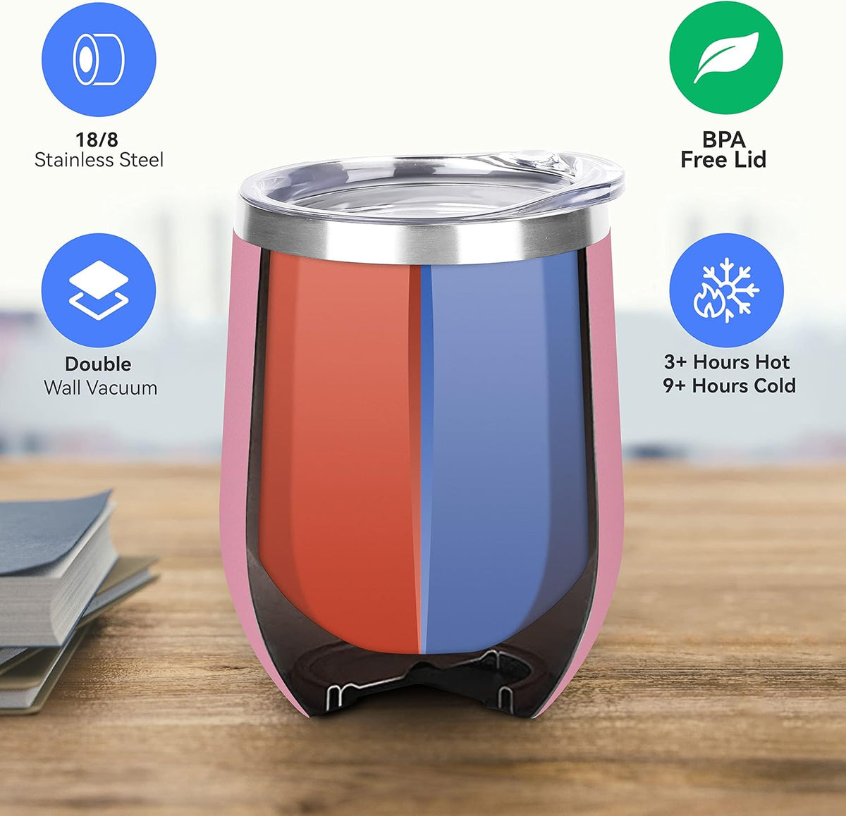 DOMICARE Stainless Steel Wine Tumbler Bulk with Lid, Personalized Insulated Tumblers Set, 12oz Travel Coffee Cups Pack of 12, Pink