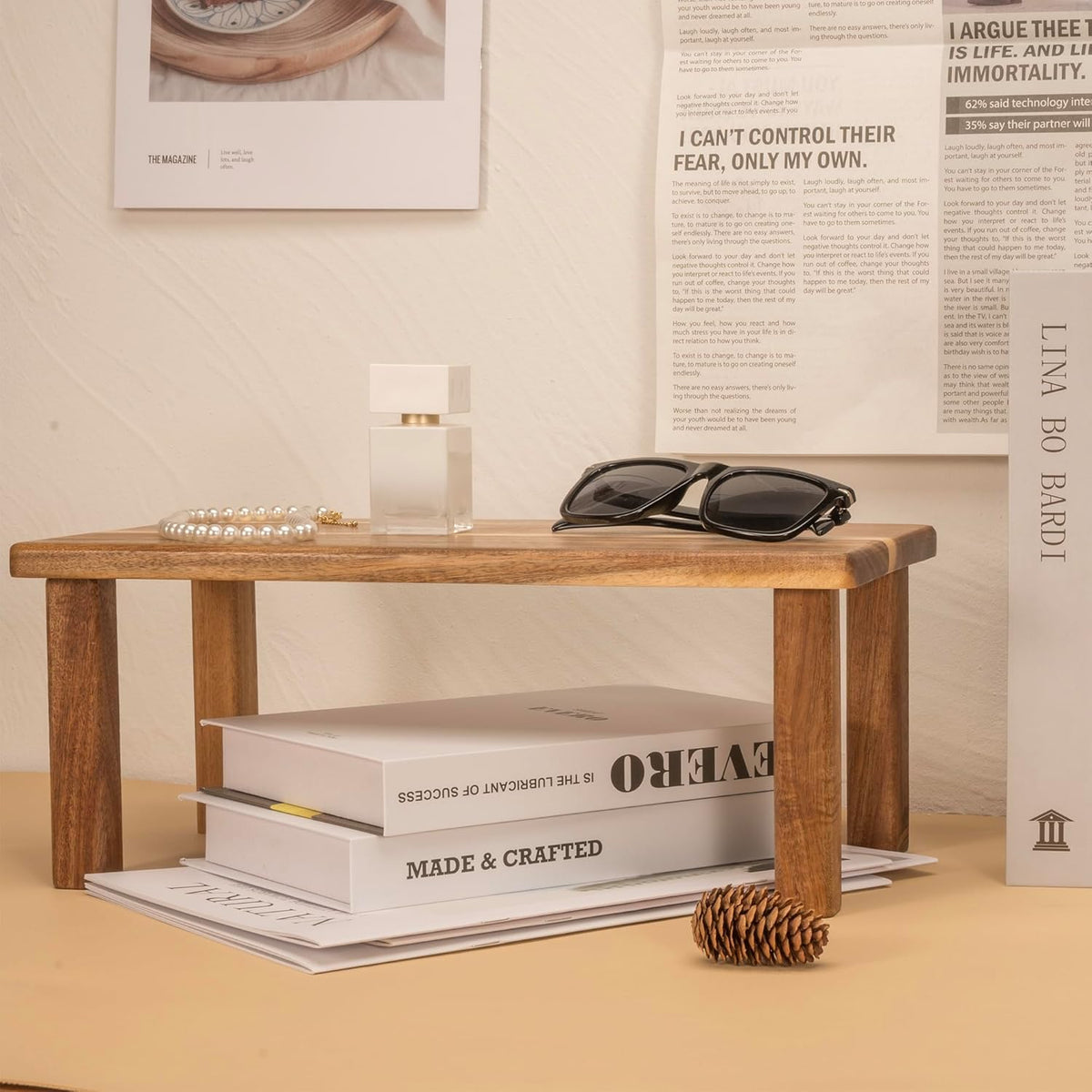 Acacia Wooden Desktop Organizer Shelf Kitchen Cabinet and Counter Riser Display Shelf for Top of Desk Home Office Bathroom Coffee Table Display Stand