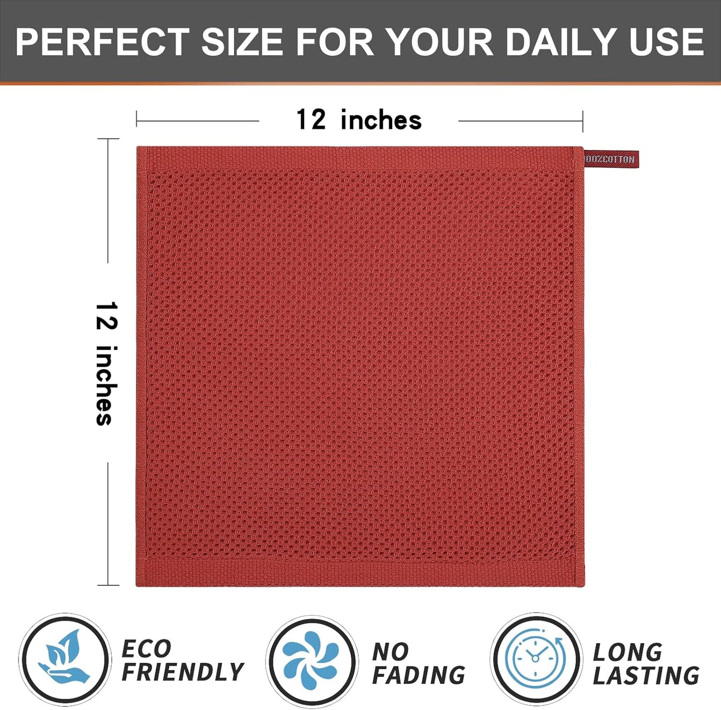 Kitinjoy 100% Cotton Kitchen Dish Cloths, 6 Pack Waffle Weave Ultra Soft Absorbent Dish Towels for Drying Dishes Quick Drying Kitchen Towels Dish Rags, 12 X 12 Inches, Brick Red