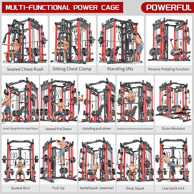 Smith Machine with Cable Crossover System, Multi-Function Power Cage Squat Rack for Home Gym, Power Rack and Packages Weight Sets.