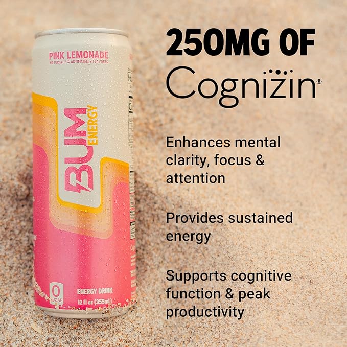 BUM Sugar-Free Energy Drink, Pink Lemonade - Lightly Carbonated & No Artificial Colors, Natural Caffeine & Citicoline for Energy & Focus, Brain Boost & Workout Sports Beverage - 12 oz, Pack of 12