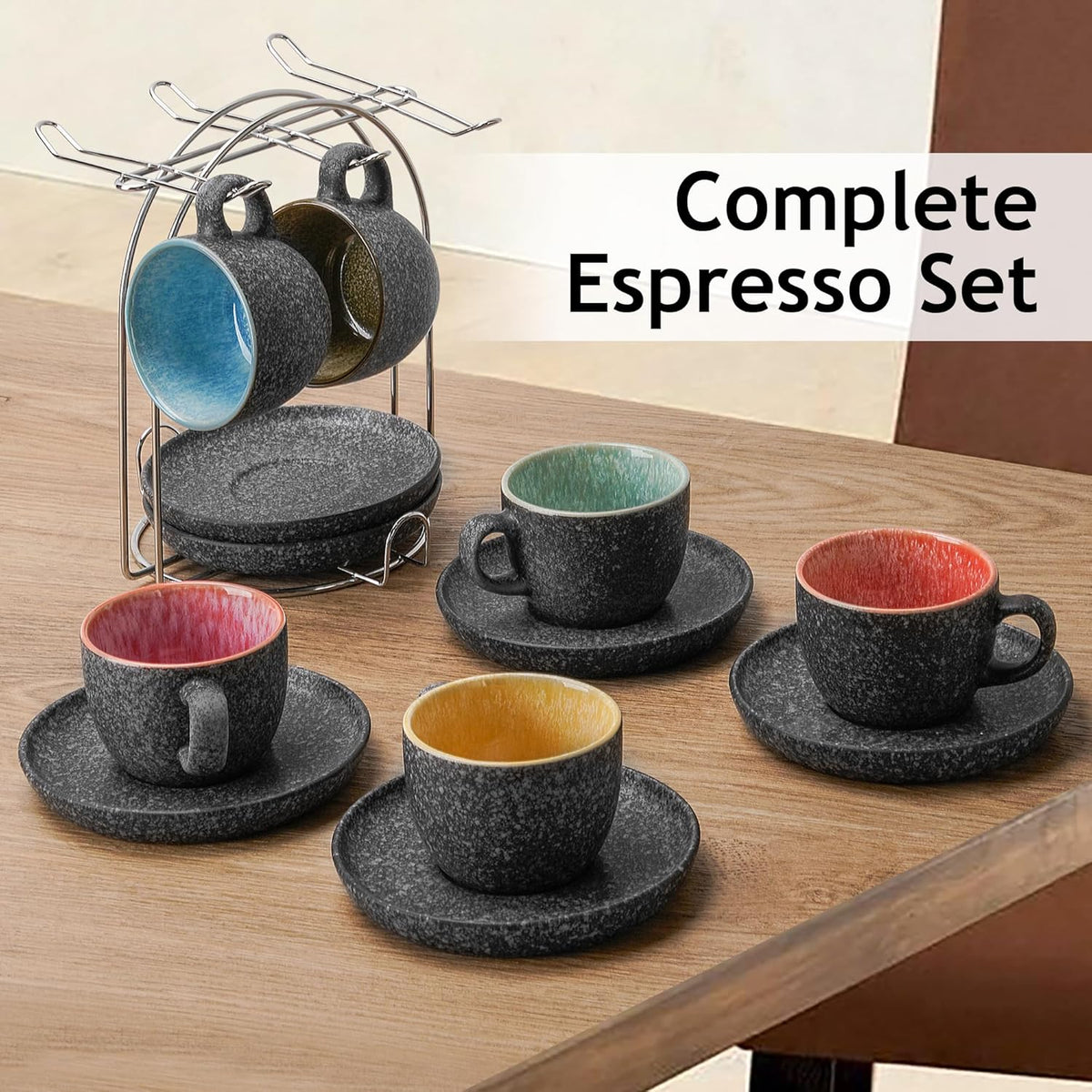 MIAMIO – 2.7 Oz Ceramic Stackable Espresso Cups with Saucers and Metal Stand, Set of 6 Espresso Cup, Demitasse Cups, Coffee Mugs for Espresso, Latte, Café Mocha & Tea – Las Palmitas Collection
