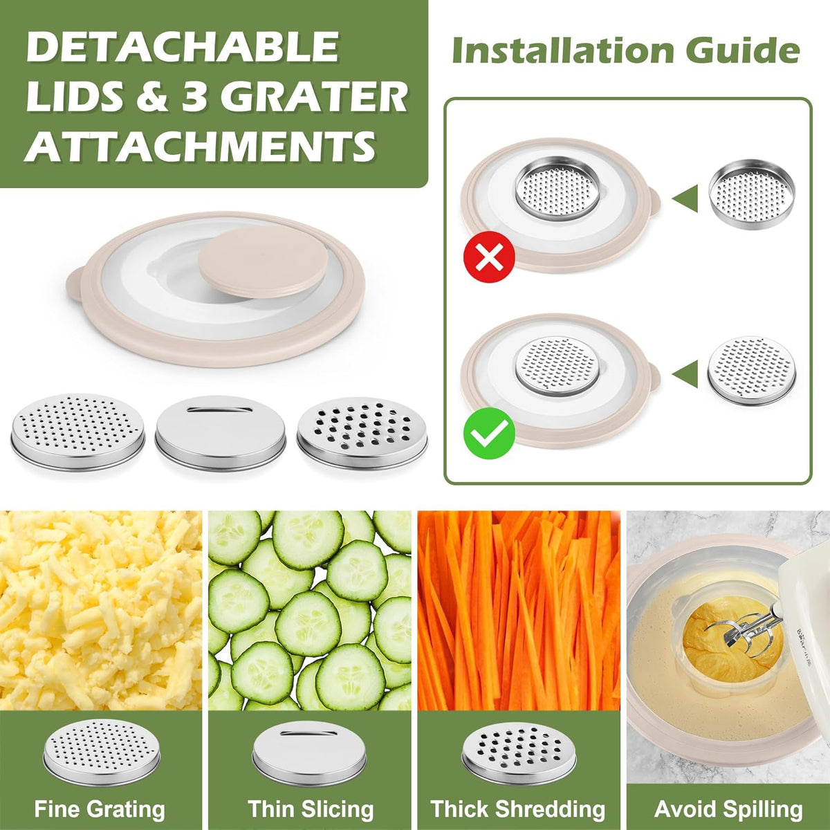 TeamFar Mixing Bowls, 3PCS Stainless Steel Serving Salad Bowls with Lids & 3 Graters, For Kitchen Mixing/Baking/Storing/Prepping, Visible & Airtight, Easy Clean - 4.5/3 / 1.5 QT, Khaki