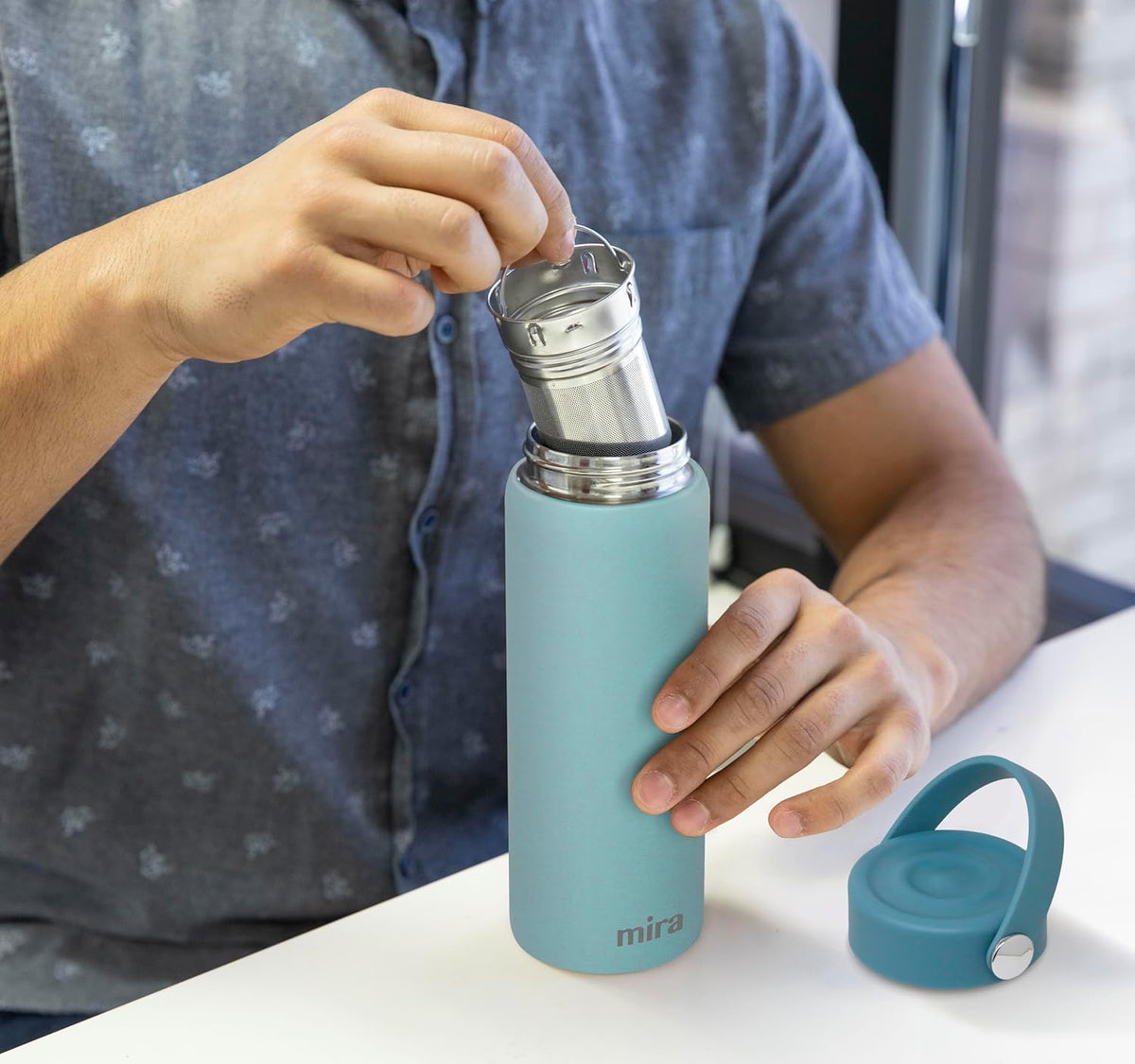 MIRA 18 oz Tea Infuser Thermos - Stainless Steel Travel Bottle with Removable Strainer for Loose Leaf Tea - Insulated Hot & Cold Brew Steeper - Pearl Blue