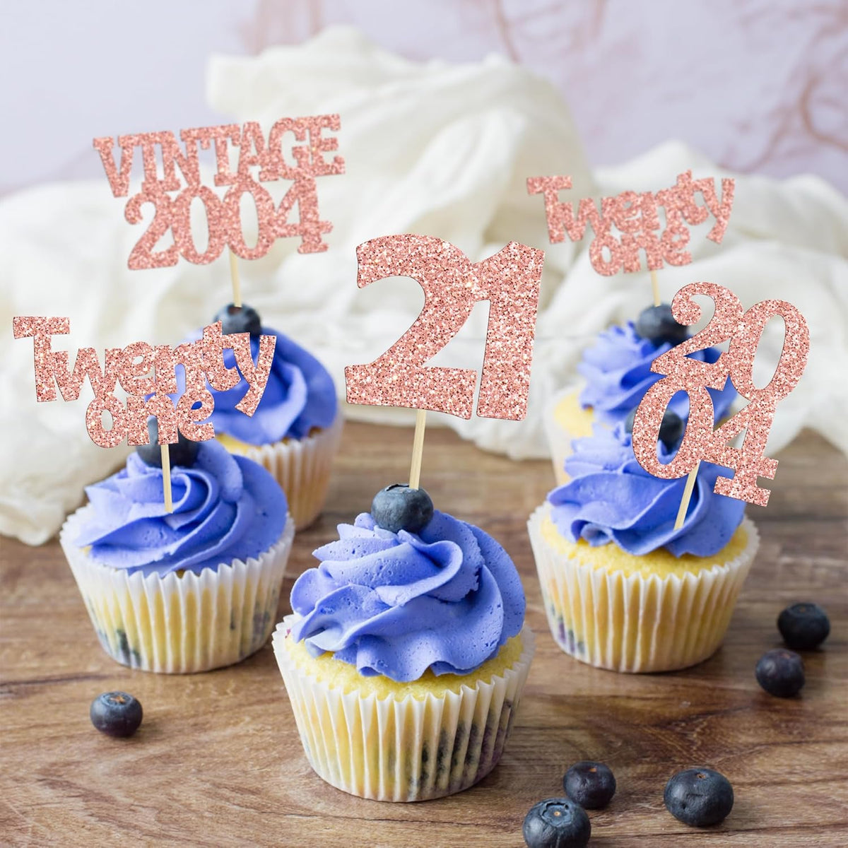 Gyufise 24Pcs 21st Birthday Cupcake Toppers Glitter Twenty-one Vintage 2004 21 Years Birthday Cupcake Picks Cheers to 21 Cake Decorations for Happy 21st Anniversary Party Supplies Rose Gold